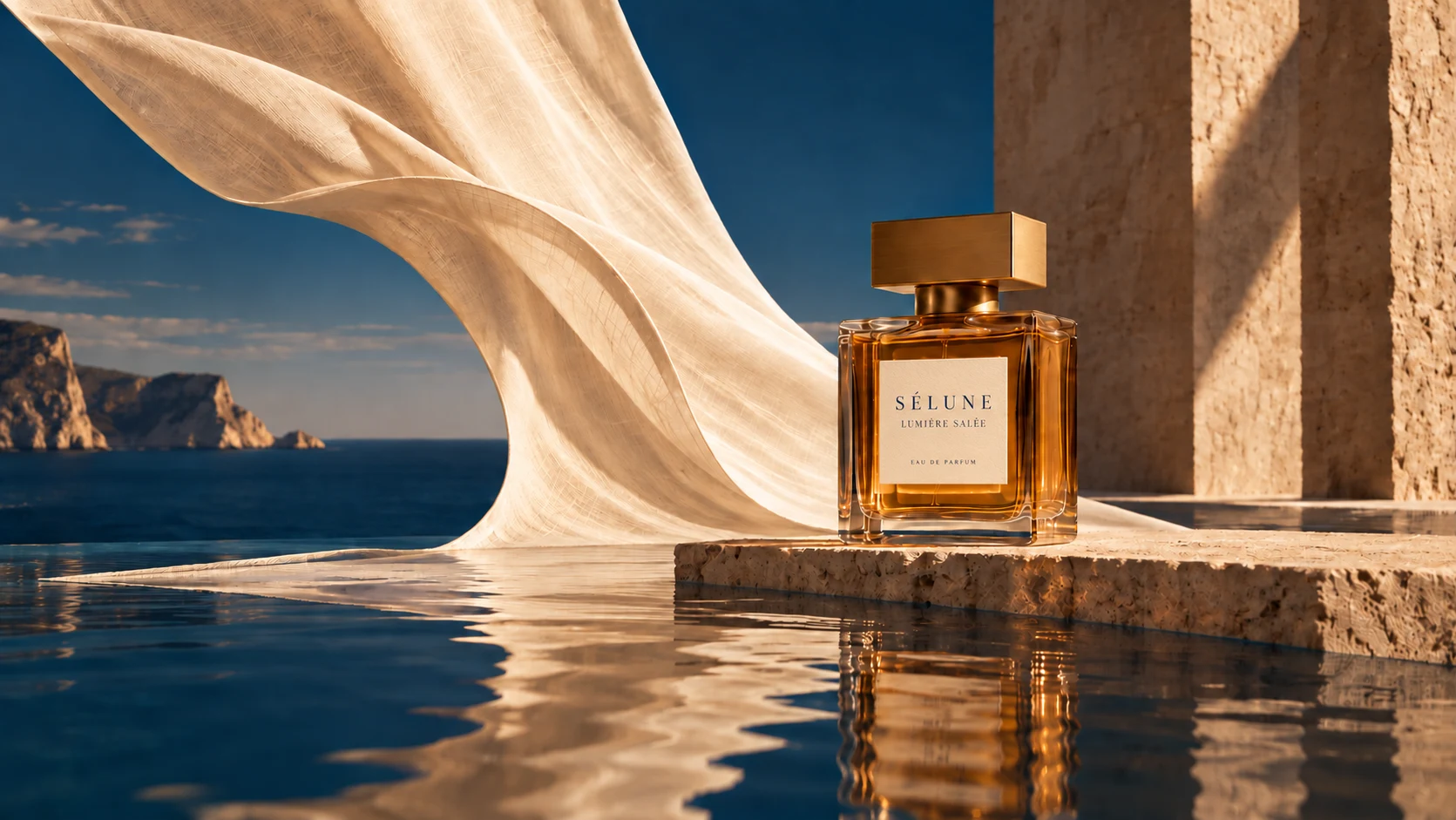 Sélune, Lumière salée: amber bottle, linen sail and mineral architecture by the water.